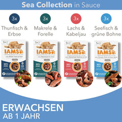 IAMS Delights Sea Collection Katzenfutter Nass - Multipack mit Fisch Sorten (Lachs, Thunfisch, Makrele, Seefisch) in Sauce, Nassfutter für Katzen ab 1 Jahr, 12 x 85g