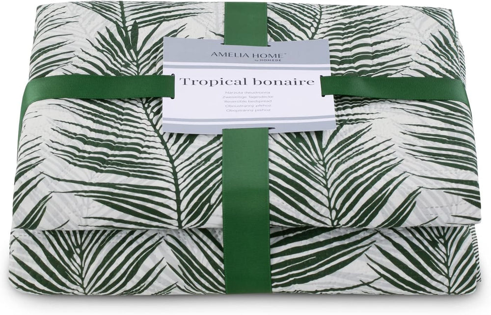 Ameliahome Bedspread Bedspread 170X210 Cm Double Sided Easy Care Bedspread Plant Pattern Green White Tropical Bonaire Beds and Blankets Besuche den AmeliaHome-Store