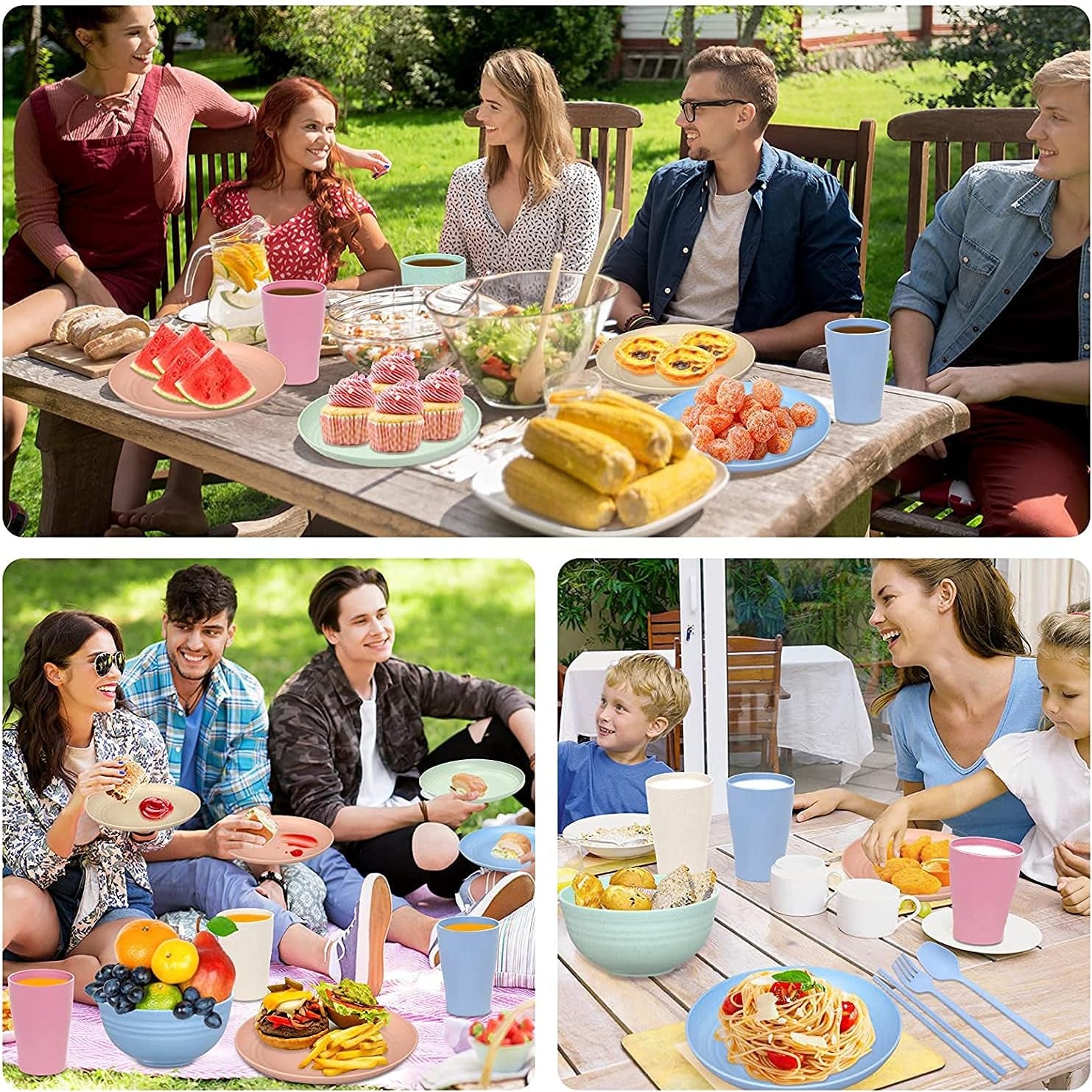 Set de tacâmuri din plastic pentru camping pentru 4 persoane, reutilizabile, indestructibile, farfurii, căni, boluri și tacâmuri ușoare, ecologice, reutilizabile, potrivite pentru cuptorul cu microunde și mașina de spălat vase