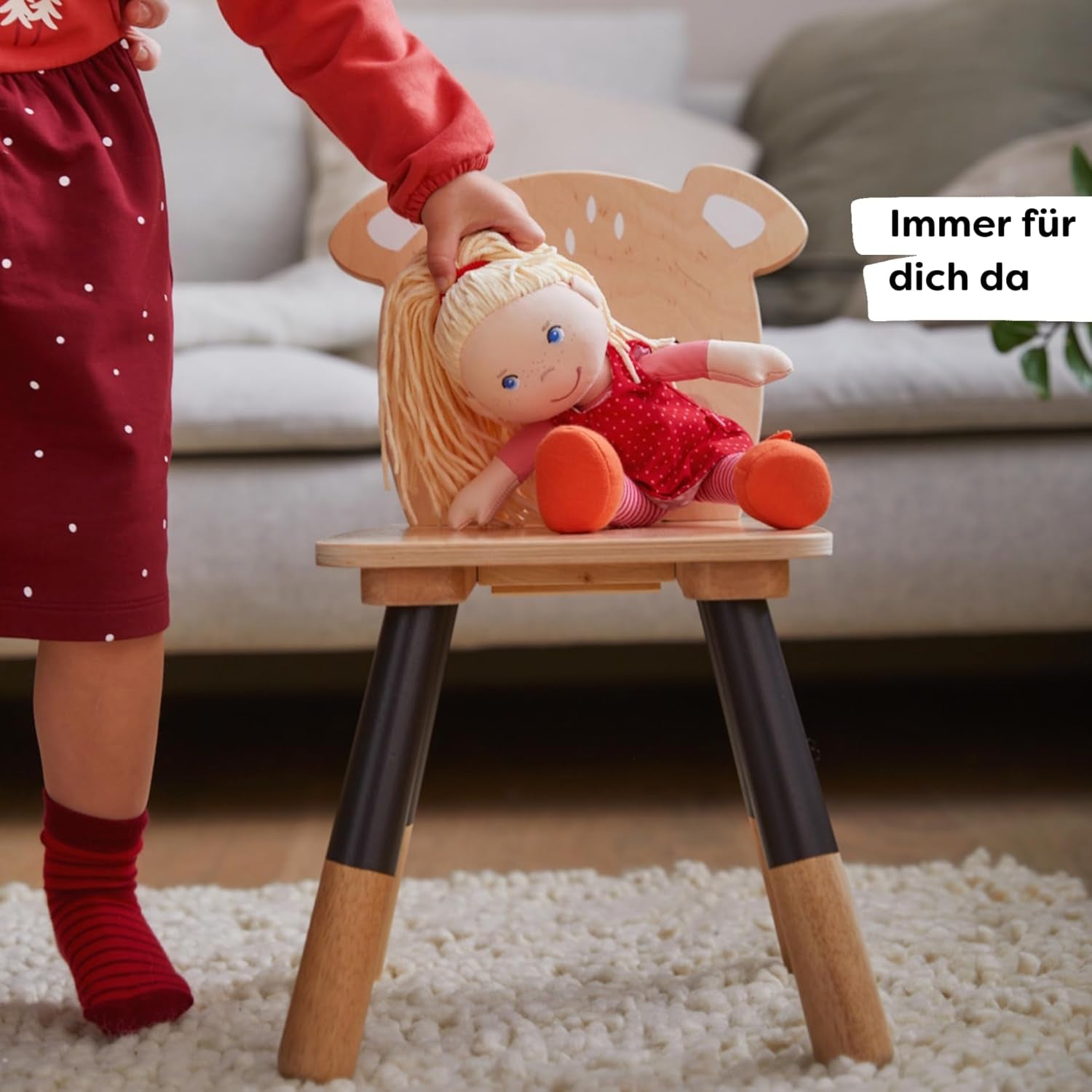 Păpușa moale HABA Annelie – Păpușă moale cu păr aranjat – Cu haine interschimbabile – De la 18 luni – 30 cm – Lavabilă – 1302108001