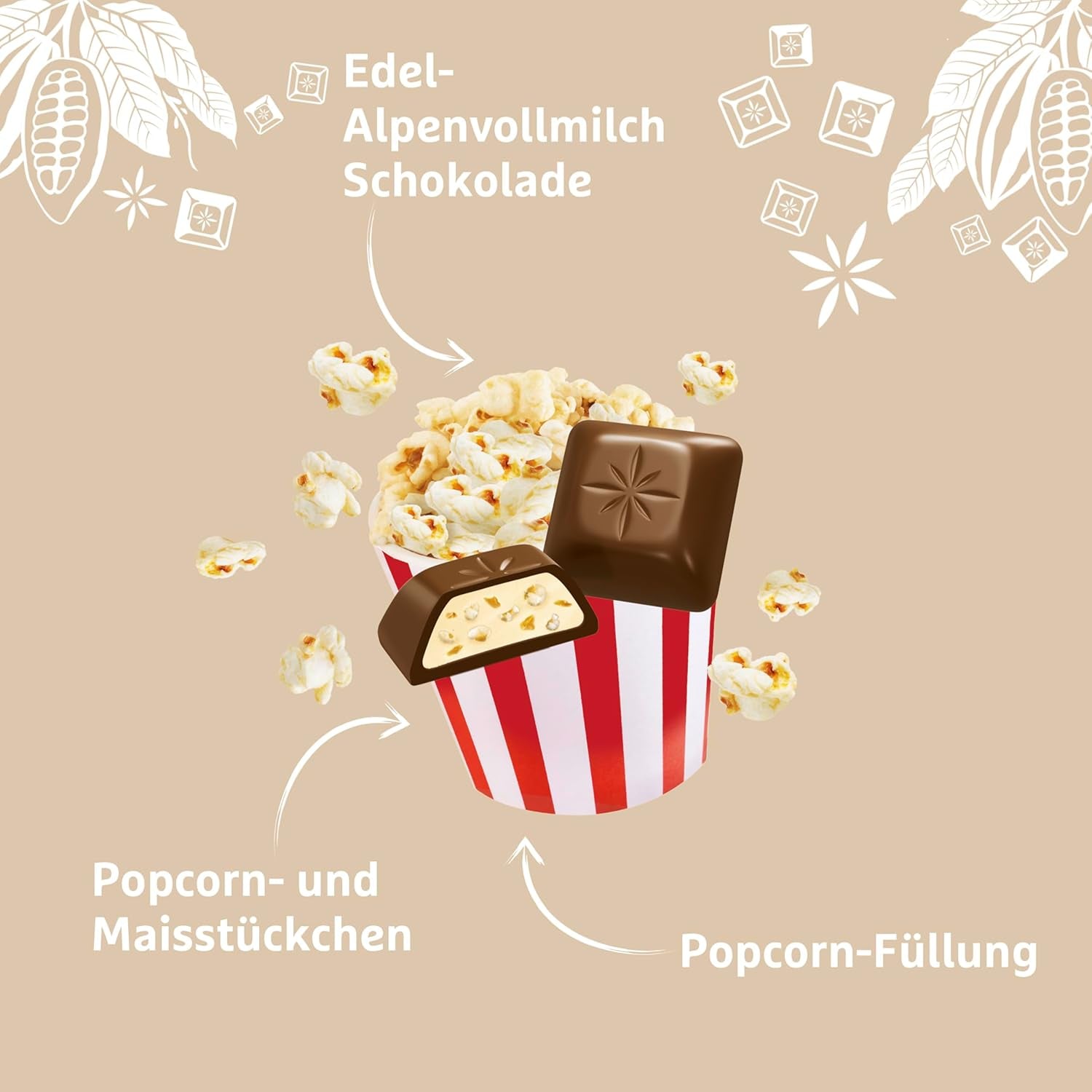 Schogetten popcorn 1 chocolate bar x 100g, milk chocolate with popcorn and pieces of corn, practical individual pieces. A delicacy. Piece by piece.