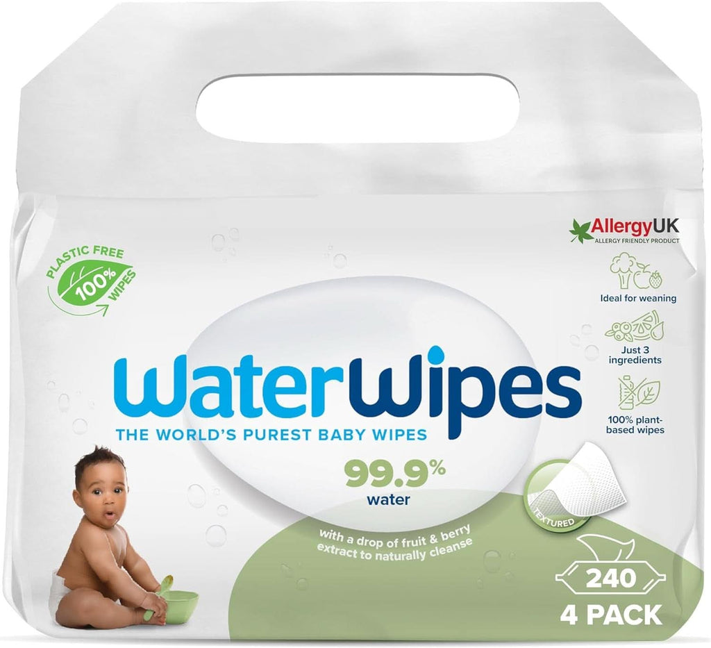 Waterwipes Plastikfreie, Texturierte Reinigungstücher Für Kleinkinder & Babys, 240 Stück (4 Packungen), 99,9 % Wasserbasierte Reinigungstücher, Unparfümiert Für Empfindliche Haut Naty Shop 60 Stück (4Er Pack)