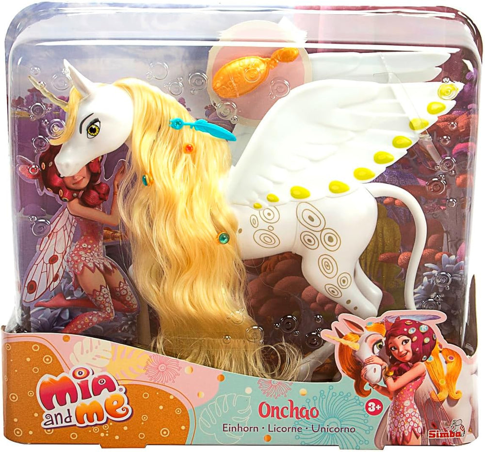 Simba 109480093 - Mia and Me Unicorn Onchao, cu aripi mobile, agrafe de păr, perie de coafat, cal de jucărie, ponei, Centopia, vârste 3+, roz