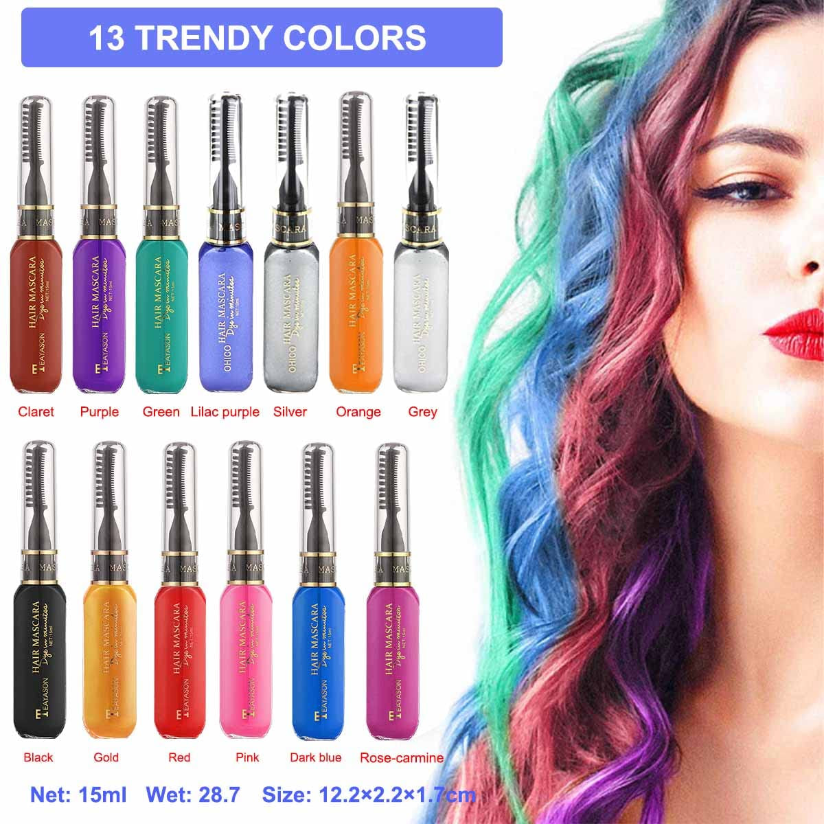 13 bucăți cretă de păr pieptene lavabil pentru fete, set temporar de mascara lavabil pentru copii, 13 culori vopsea de păr de Halloween, pentru carnaval, cosplay, petrecere, Crăciun Halloween birthday Vopsea pentru par Naty Shop