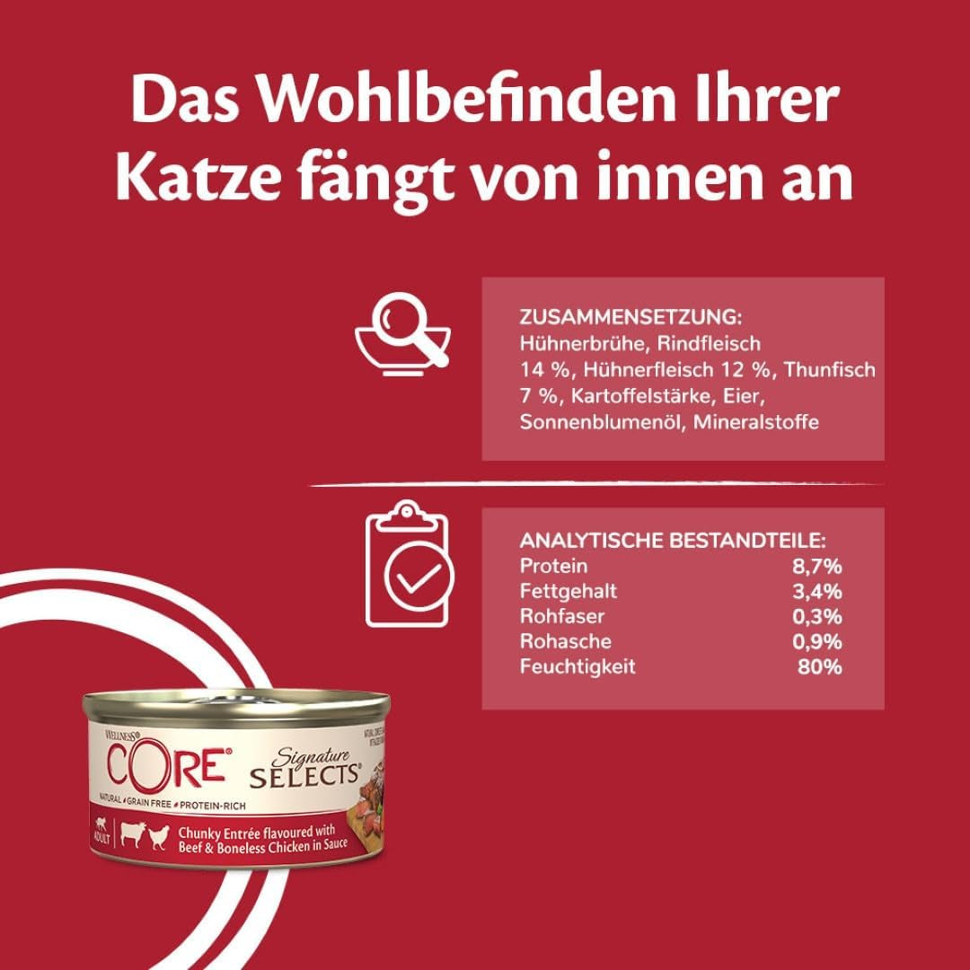 Wellness CORE Signature Selects 8 x 79g, Mix Vită, Pui și Curcan – Hrană umedă pentru pisici, fâșii delicioase în sos, fără cereale, naturală, hipoalergenică, bogată în proteine, conținut ridicat de carne