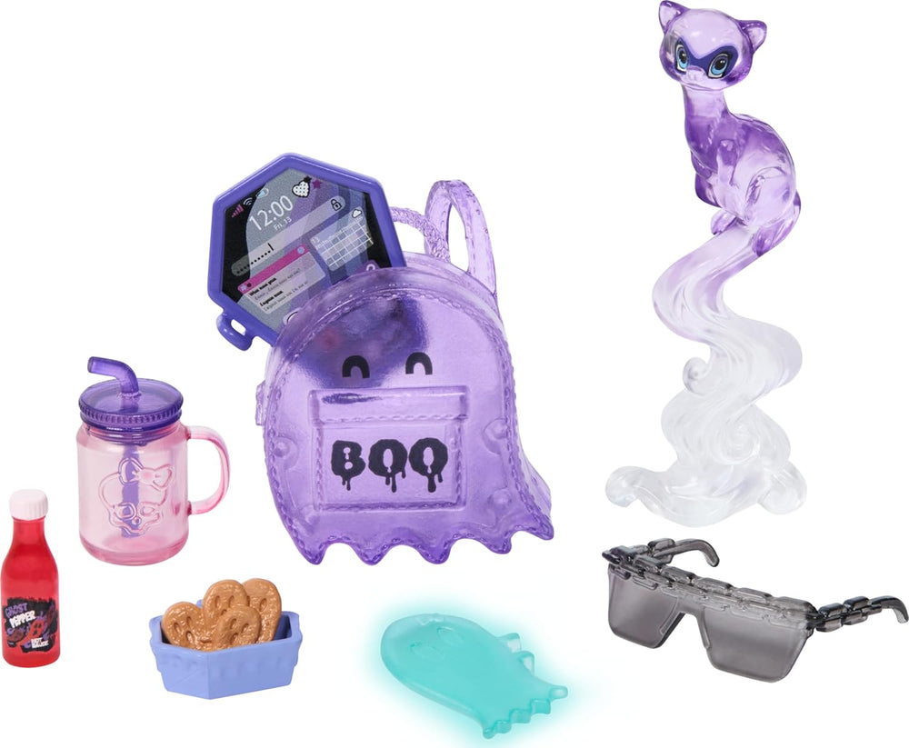 Păpușa Monster High Spectra Vondergeist cu dihorul Rhuen și accesorii precum rucsac, tabletă, gustări și multe altele, HXH77