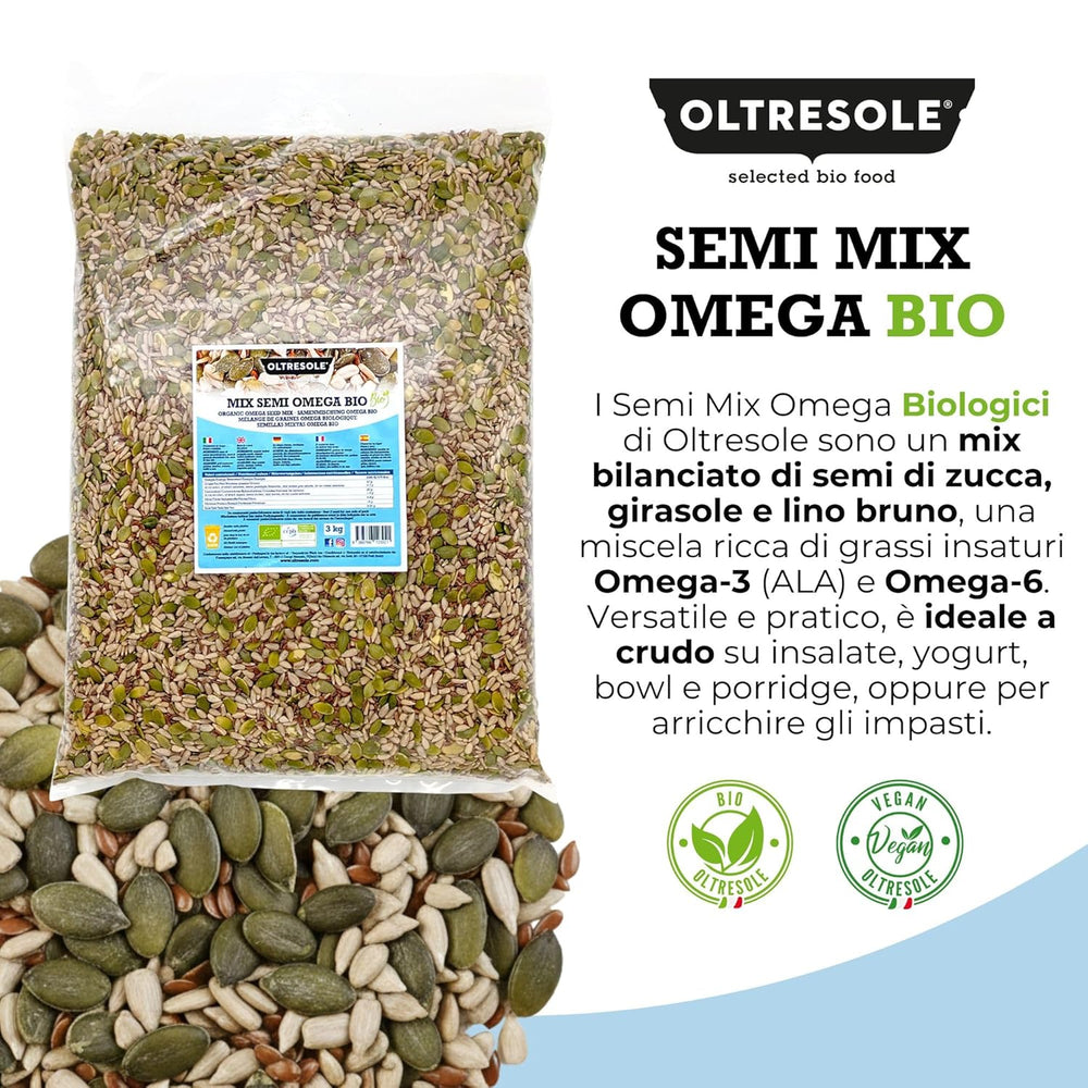 Organic Omega Seed Mix 3 kg (mixture of pumpkin, sunflower and flax seeds), a blend of 3 whole raw oilseeds, rich in protein, fiber and omega-3 fatty acids