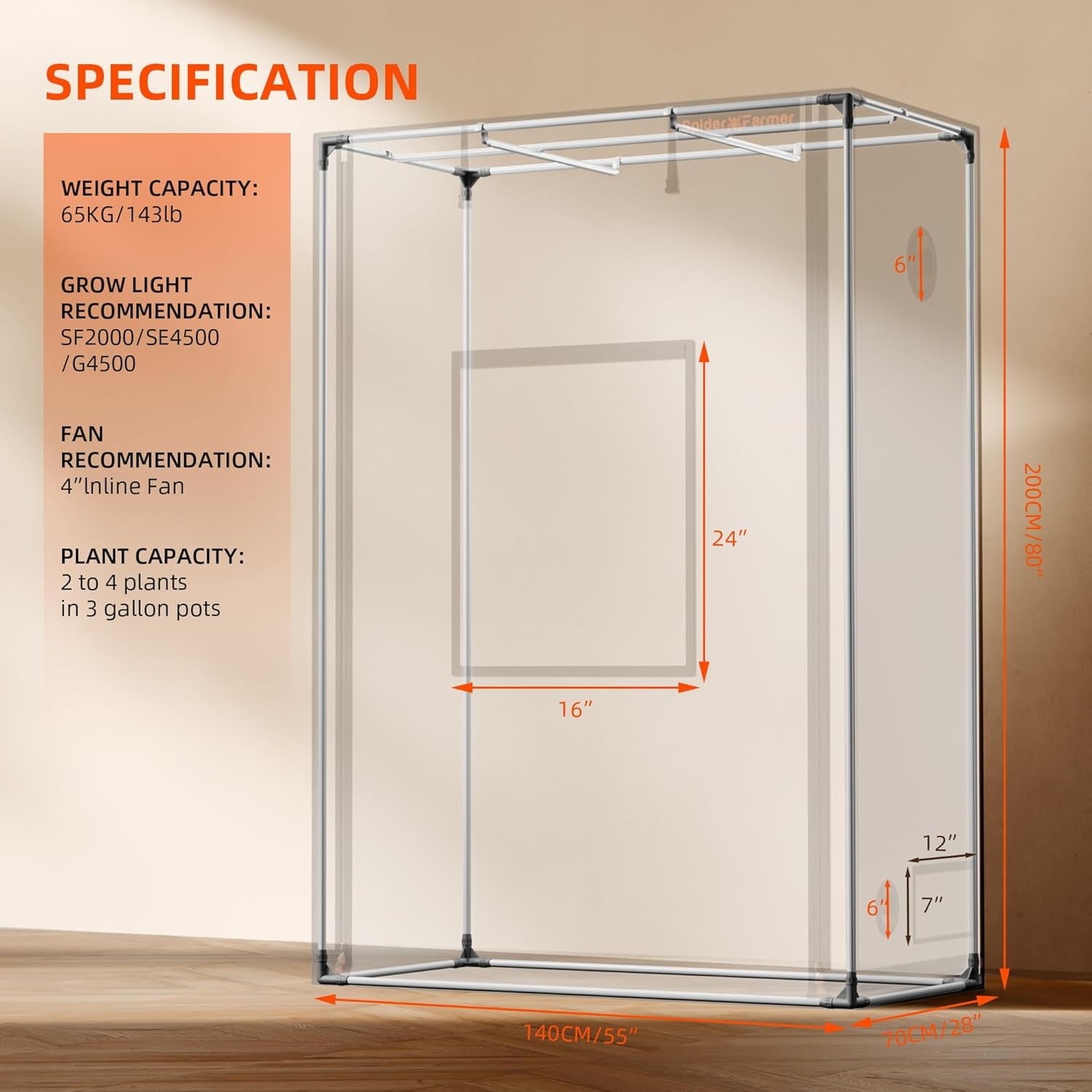 Cort de creștere Spider Farmer Pro 70x140x200 cm, cu ușă rulantă, fereastră de observare, panou de podea detașabil, material textil Mylar 2000D, pentru cultivare hidroponică în interior cu SF4000, G4500, SE4500