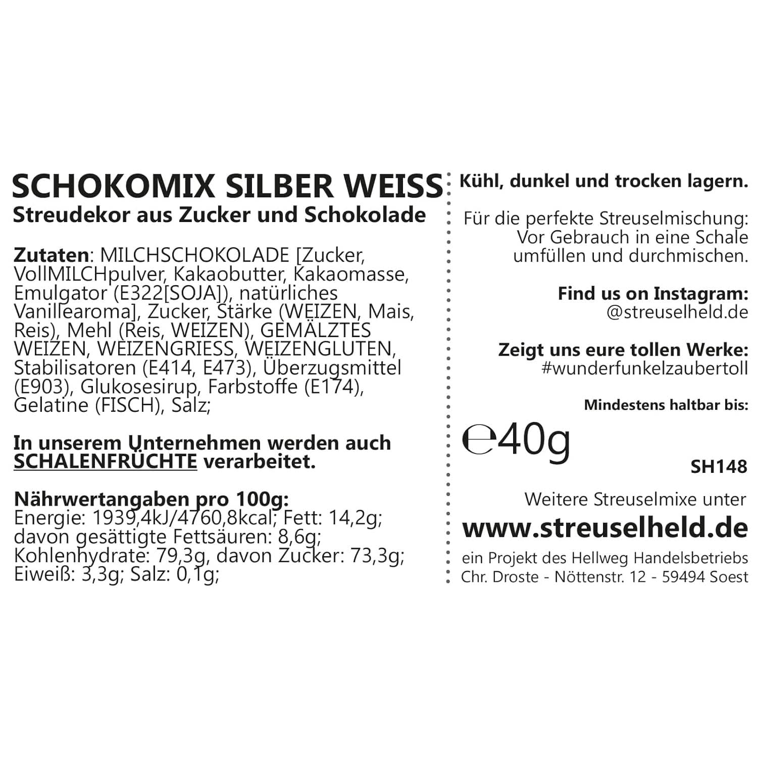 Streusel Hero Chocolate Mix Silver White Sprinkles, 40 grams Naty Shop