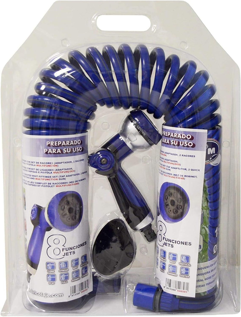 590078 – Set furtun spiralat, albastru, 15 metri (diametru 9 mm) + pistol multifuncțional cu 8 duze + filet interior automat cu adaptor ¾-½ + 2 conectori rapizi + suport de agățare