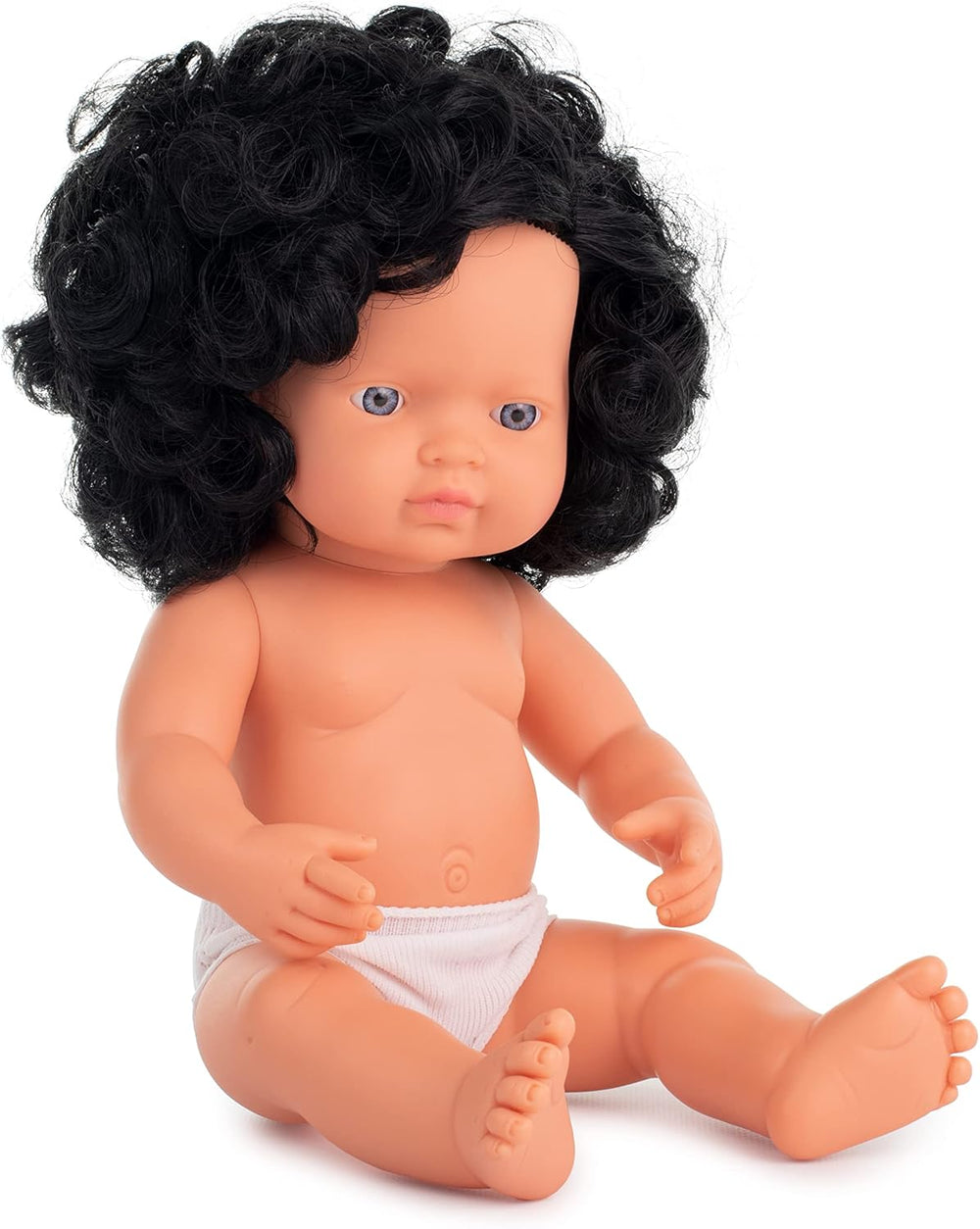 Miniland Dolls: europäische Babypuppe Mädchen mit schwarzen Locken, 38cm, aus weichem Vinyl, in transparent Tüte. (31232)