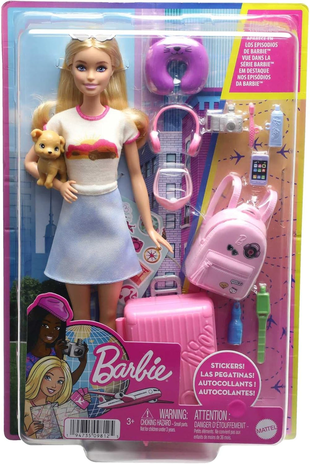 Păpușă Barbie, Barbie de călătorie cu păr blond, peste 10 accesorii de călătorie, autocolante, valiză, cățeluș, include 1 păpușă, cadou pentru copii, jucărie pentru vârsta de 3 ani și peste, HJY18