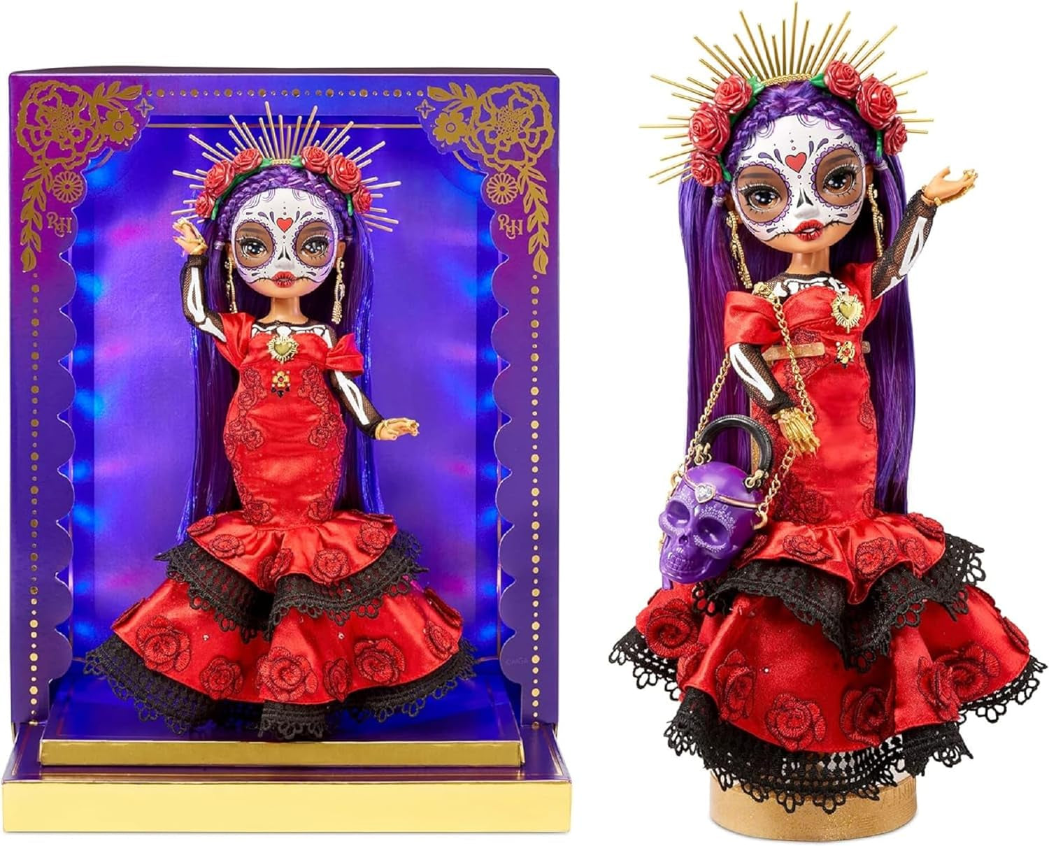 Ediție festivă Rainbow High 2022 Día De Los Muertos - Maria Garcia - Păpușă de colecție (28 cm) cu pictură pe față și geantă Calavera - Display luminos și accesorii premium