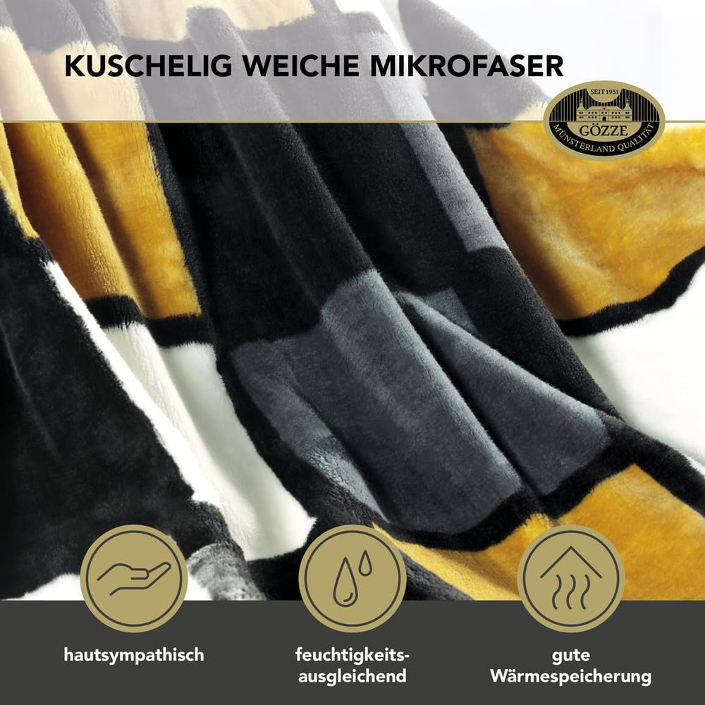 Gözze - Pătură moale și confortabilă, senzație de cașmir, greutate mare a țesăturii 500 G/M², Antigua, 150 X 200 Cm - Muștar/Negru/Alb Paturi si Cuverturi Besuche den GÃ¶zze-Store