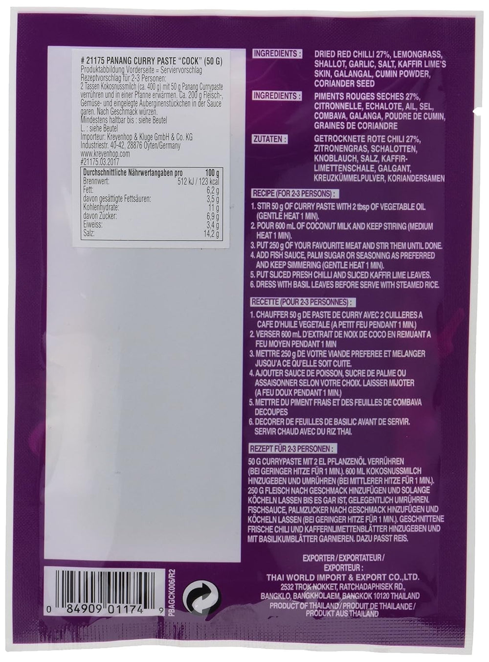 Cock Currypaste Panang, medium Schärfe, authentic thailändisch Kochen, natural ingredients, vegan, halal and gluten-free (1 x 50 g)