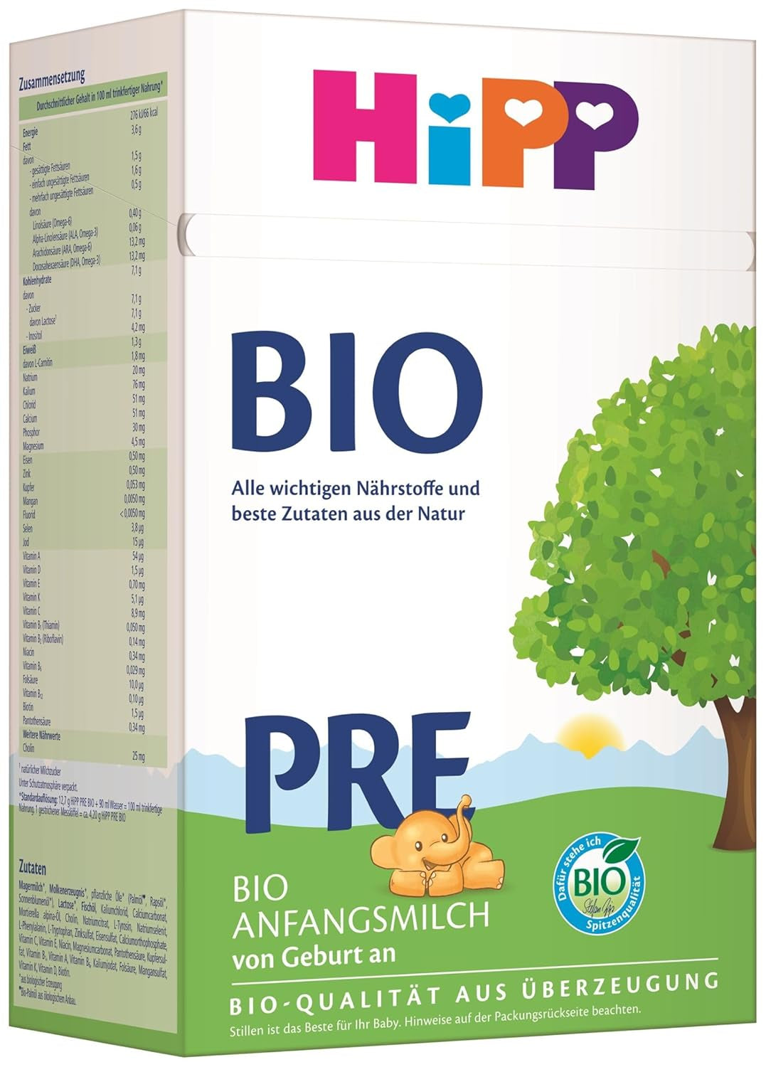 HiPP PRE organic infant milk (4 x 600g), from birth, contains only lactose as a carbohydrate, of the best organic quality