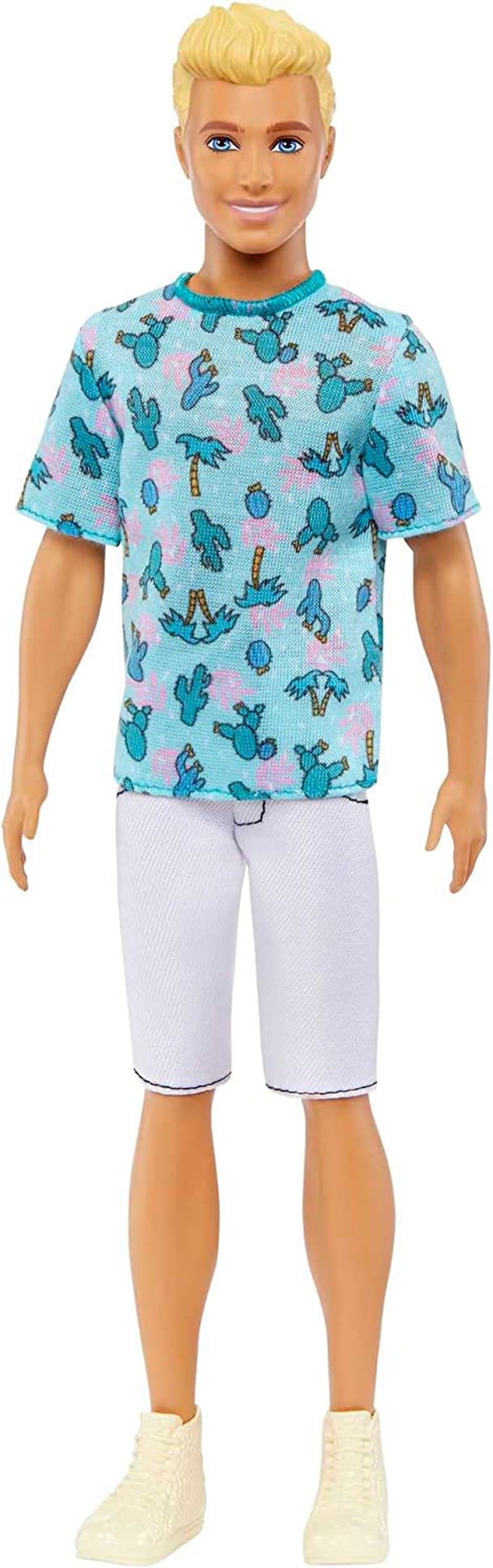 Ken Fashionistas Barbie Doll - Cactus and Palm Print T-shirt, White Shorts and Sneakers, Perfect for Adventures with Friends and Walks Around Town, For Kids 3 Years and Up, HJT10 Naty Shop Dolls Ken Blue Shirt