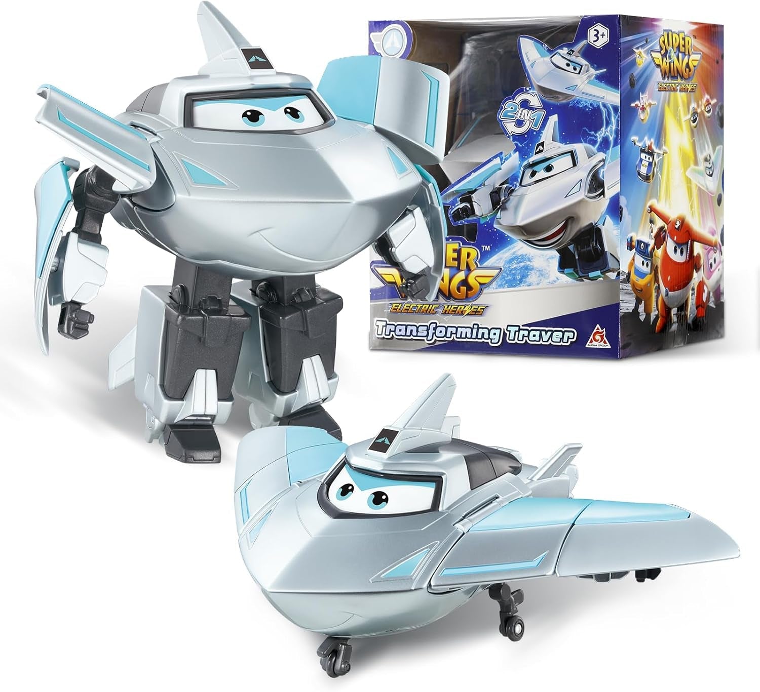 Super Wings Transformation Plane Supercharged Traver, Approx. 12.7 Cm Large Children's Play Figure Toy Airplane and Robot Figure for Boys and Girls Above 3 Years Old Silver Action Figures Naty Shop Traver
