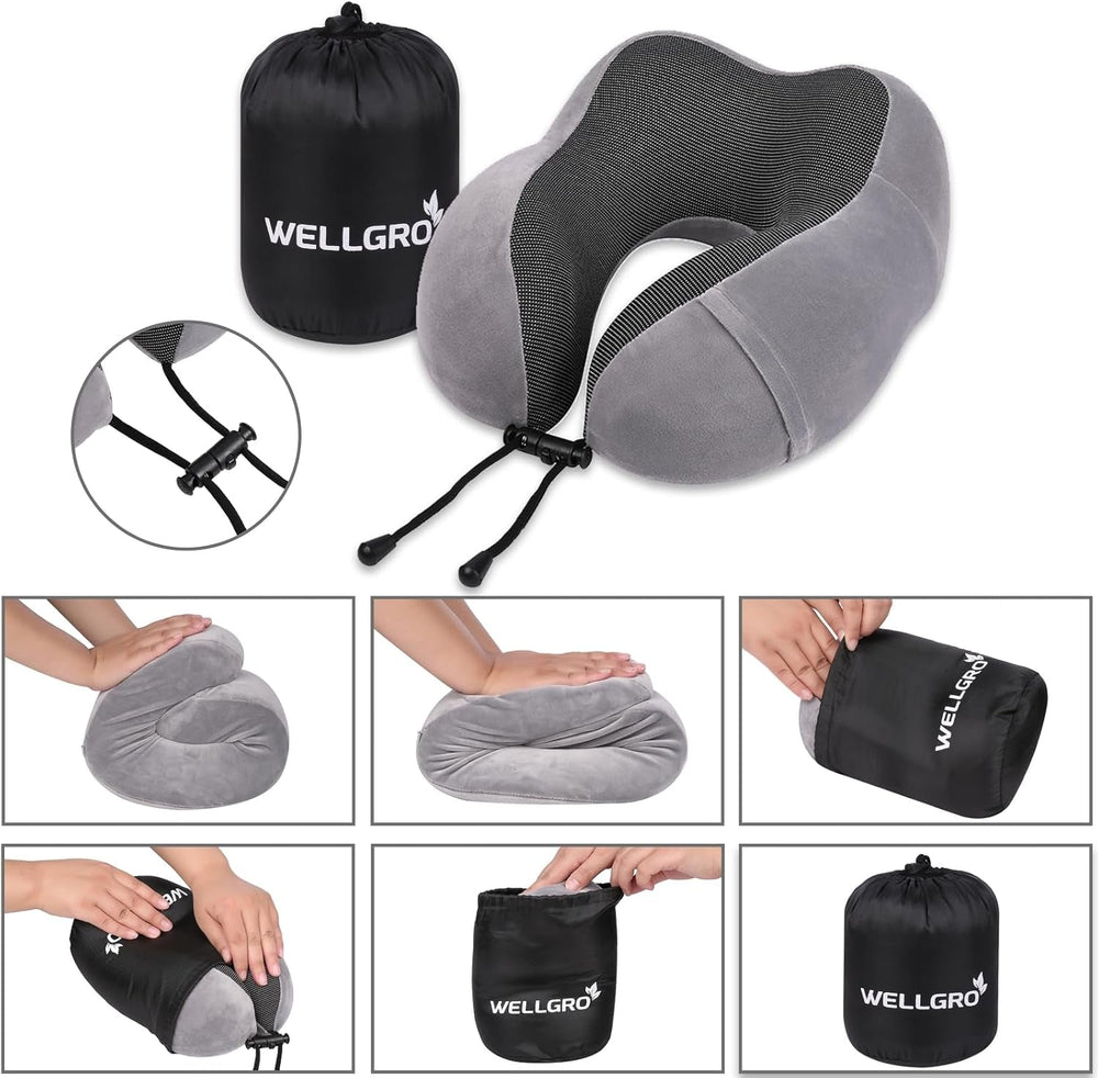 Set de perne pentru gât WELLGRO cu mască de somn 3D și dopuri pentru urechi - Husă detașabilă - Spumă cu memorie - Închidere cu fermoar - Inclusiv geantă de depozitare - Pernă de călătorie - Culoare selectabilă, Culoare:Gri Perne ortopedice cervicale Naty Shop