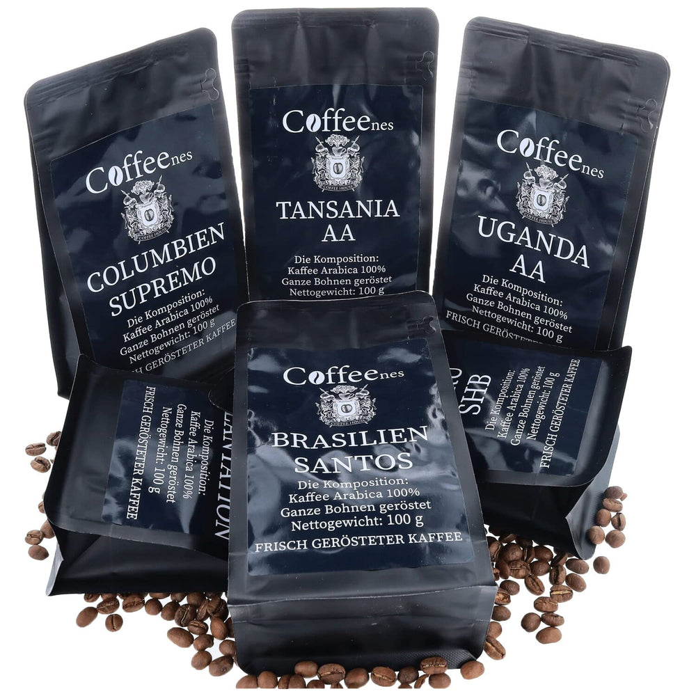 Coffeenes Kaffeebohnen Probierset – Kaffee Geschenk - 6 Sorten ganze Bohnen Arabica aus Brasilien, Peru, Kolumbien, Tansania, Indien, Uganda – 6 x 100g