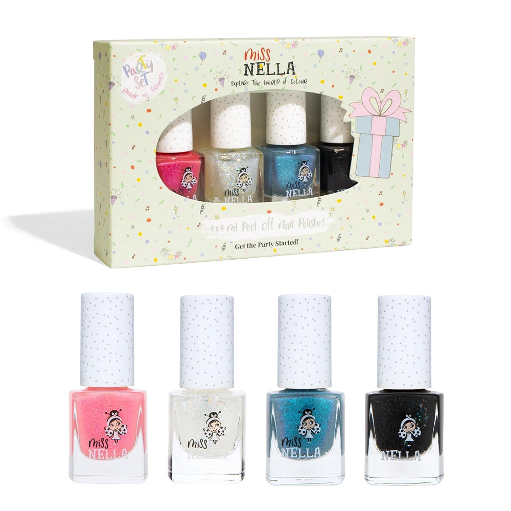 Miss Nella Magic Collection 4 Piece Glitter Nail Polish Set: Pink, Red, Gold and Blue, Kids Special Removable Nail Polish, Non-Toxic, Water-Based, Odorless