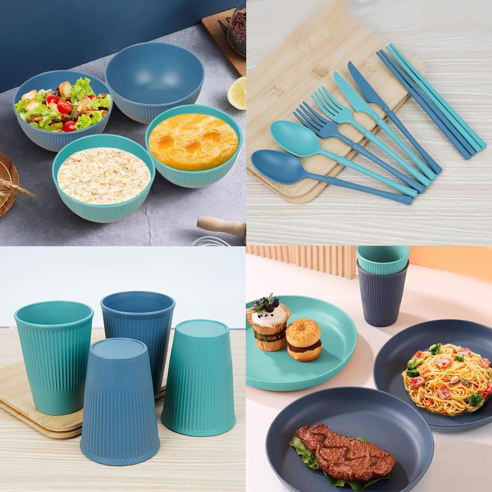 Set de veselă de camping cu 53 de piese pentru 4 persoane, veselă de camping indestructibilă pentru 4 persoane, set de veselă din plastic ușor cu geantă de transport, farfurii și boluri stivuibile, veselă de picnic pentru grătar și grădină