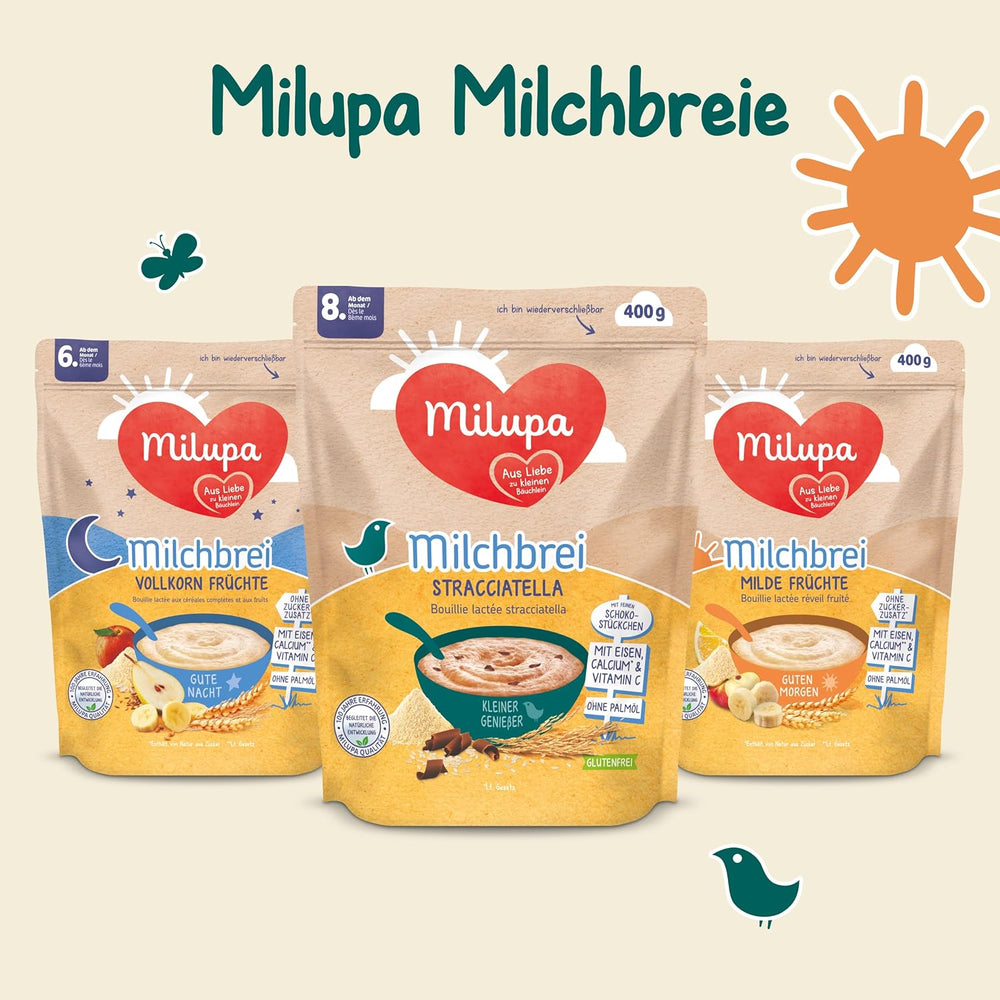 Milupa Stracciatella Milk Porridge - Gluten-free, palm oil-free baby cereal - Free from preservatives and dyes - From 8 months - 4 x 400 g