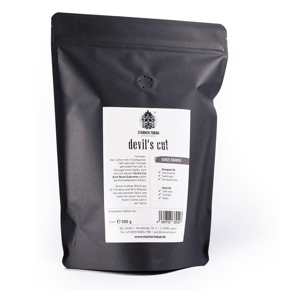 DEVIL'S CUT Espresso prăjit intens 500g, boabe întregi, 40% Arabica - 60% Robusta, proaspăt prăjit manual, aciditate subtilă - aromă puternică, ideal pentru Café Solo, Cortado, Galão, are gust de sărbătoare