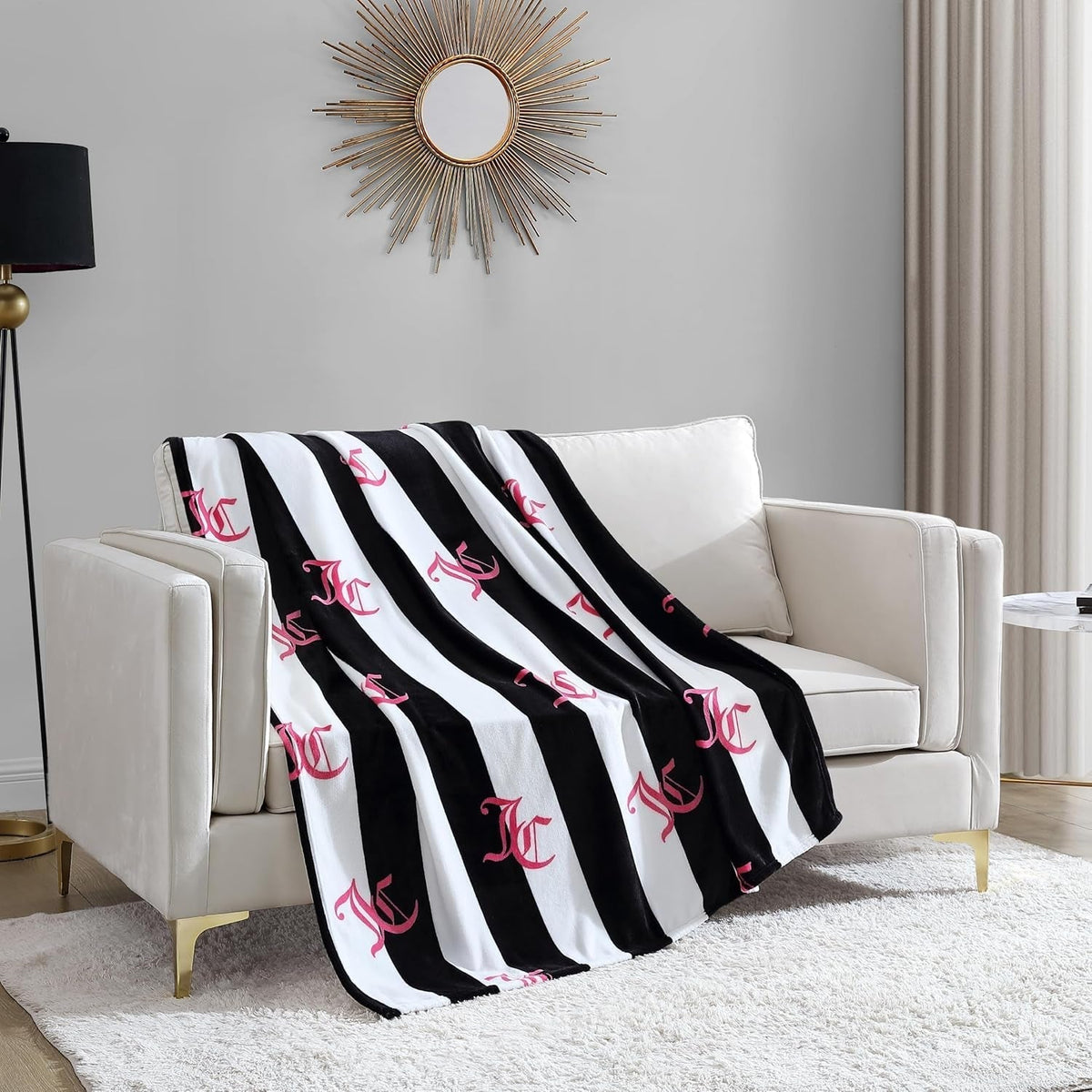 Juicy Couture Cabana Plush Throw Blanket, 127.7 X 178.8 Cm, luxury microfiber plush blanket for maximum comfort and cozy warmth Juicy Couture Beds and Blankets Black 50"X70"