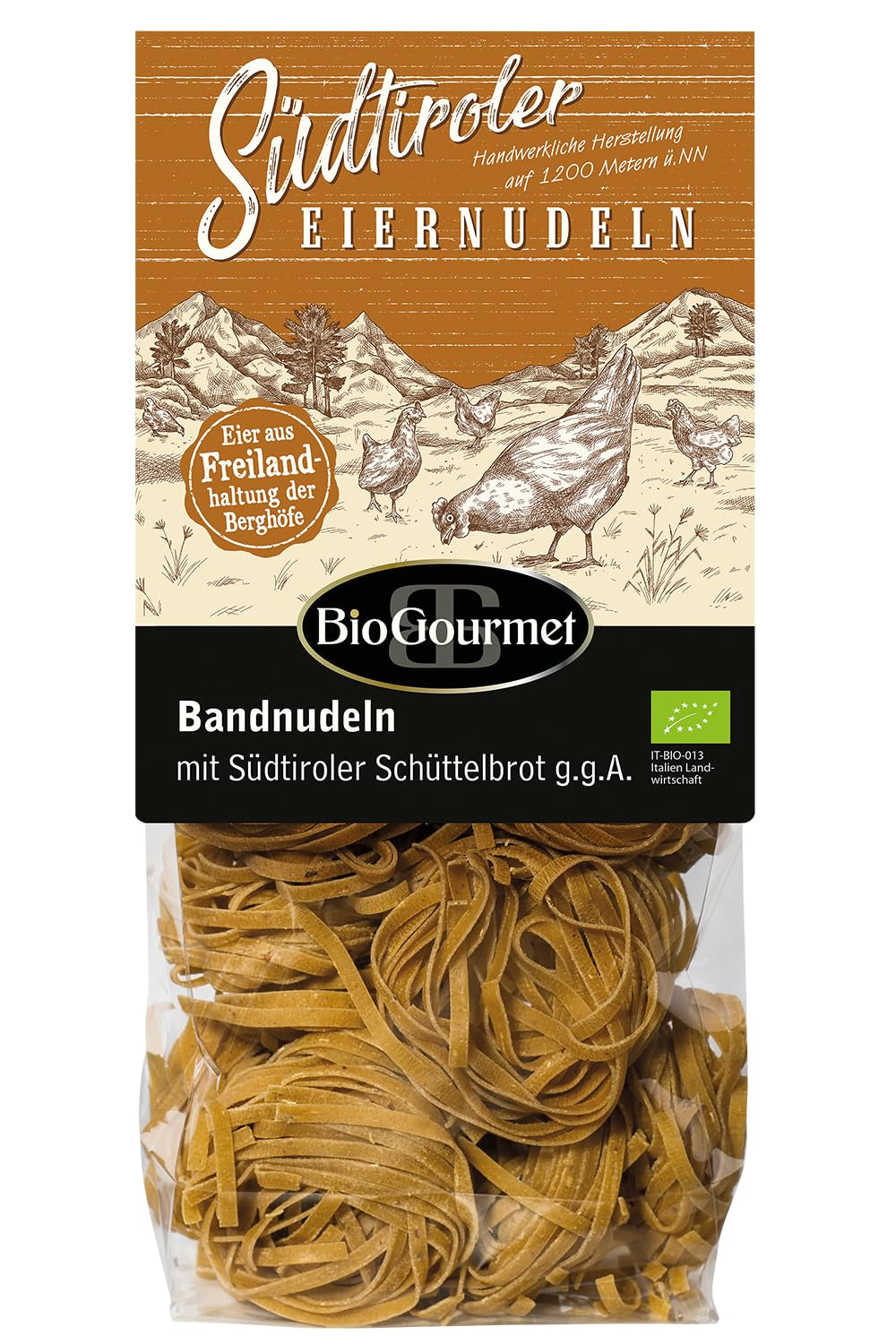 BioGourmet ribbon noodles with Schüttelbrot from South Tyrol (PGI) | Salted and flavored egg noodles with genuine speck from South Tyrol | 1 x 250g Bio