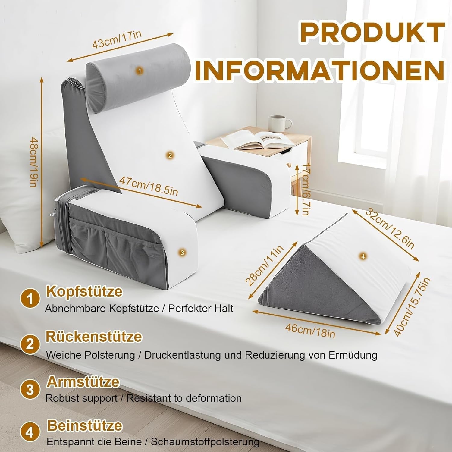 Pernă de citit cu suport pentru gât și cotieră detașabile, pernă de spate confortabilă și ușoară pentru pat și canapea, pernă de spate pentru adulți, spătar din spumă cu memorie pentru citit, vizionat la televizor și jocuri video