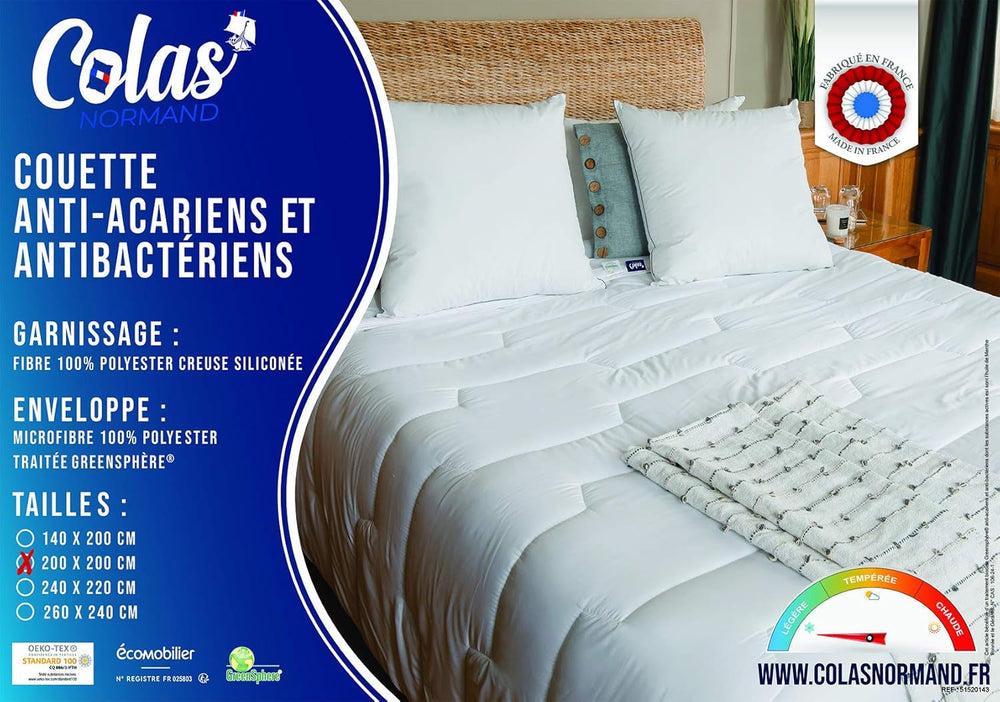 COLAS NORMAND Anti-mite and antibacterial quilt, light, 200 X 200 cm, long-lasting effect, perfect hygiene, microfiber, soft and comfortable, washable, French, white 53130248 Naty Shop Quilts and Quilts