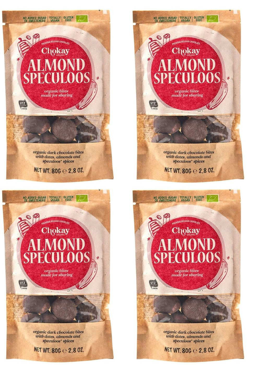 Set of 4 Organic Bites - Cinnamon Almonds/Cinnamon Almonds in Belgian Dark Chocolate/No Added Sugar, No Sweeteners/VEGAN & FAIR TRADE / 4 x 85g