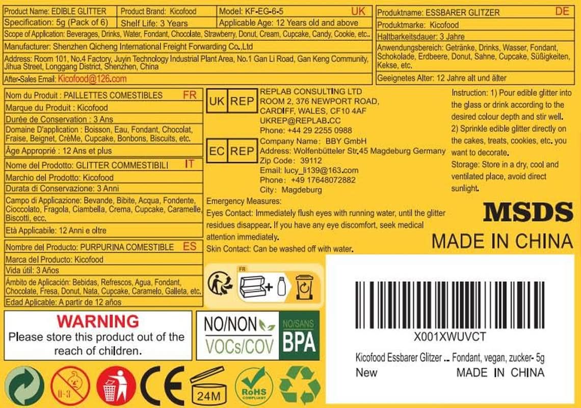 Edible glitter, set of 6 shades, 5 grams Glitter Naty Shop