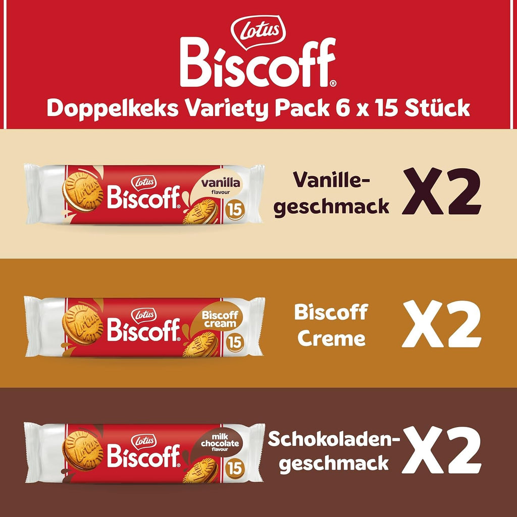Lotus Biscoff | Pachet Variat de Biscuiți Dubli | 3 Varietăți | 2 Pachete per Varietate | 15 Biscuiți Dubli per Pachet | Ingrediente de Origine Naturală | Fără Coloranți | 6 x 150g | 900g