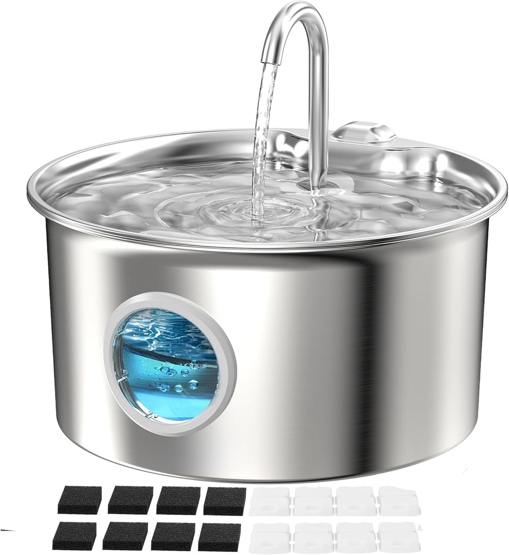 Katzenbrunnen Edelstahl Trinkbrunnen für Katze: Katzen Trinkbrunnen Leise - 2.6L Automatic Katzentrinkbrunnen mit Wasserstandsfenster - Haustierbrunnen für Kleine Hunde - Mehrschichtiges Filtersystem