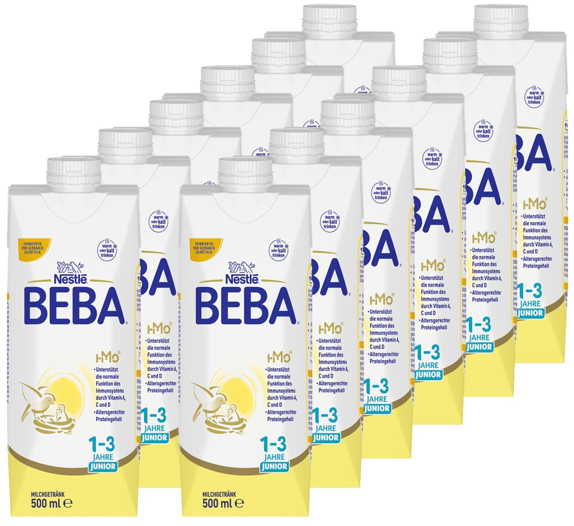BEBA Junior Ready-to-Drink Milk Drink 1-3 Years, With HMO, Age Appropriate Protein Content, Palm Oil Free, Fish Oil Free, Toddler Food, Pack of 12 (12 x 500ml)