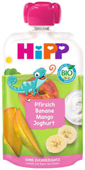 HiPP Piersici Banane Mango cu Iaurt, Pungă Comprimabilă de la 1 an, 8 x 100g