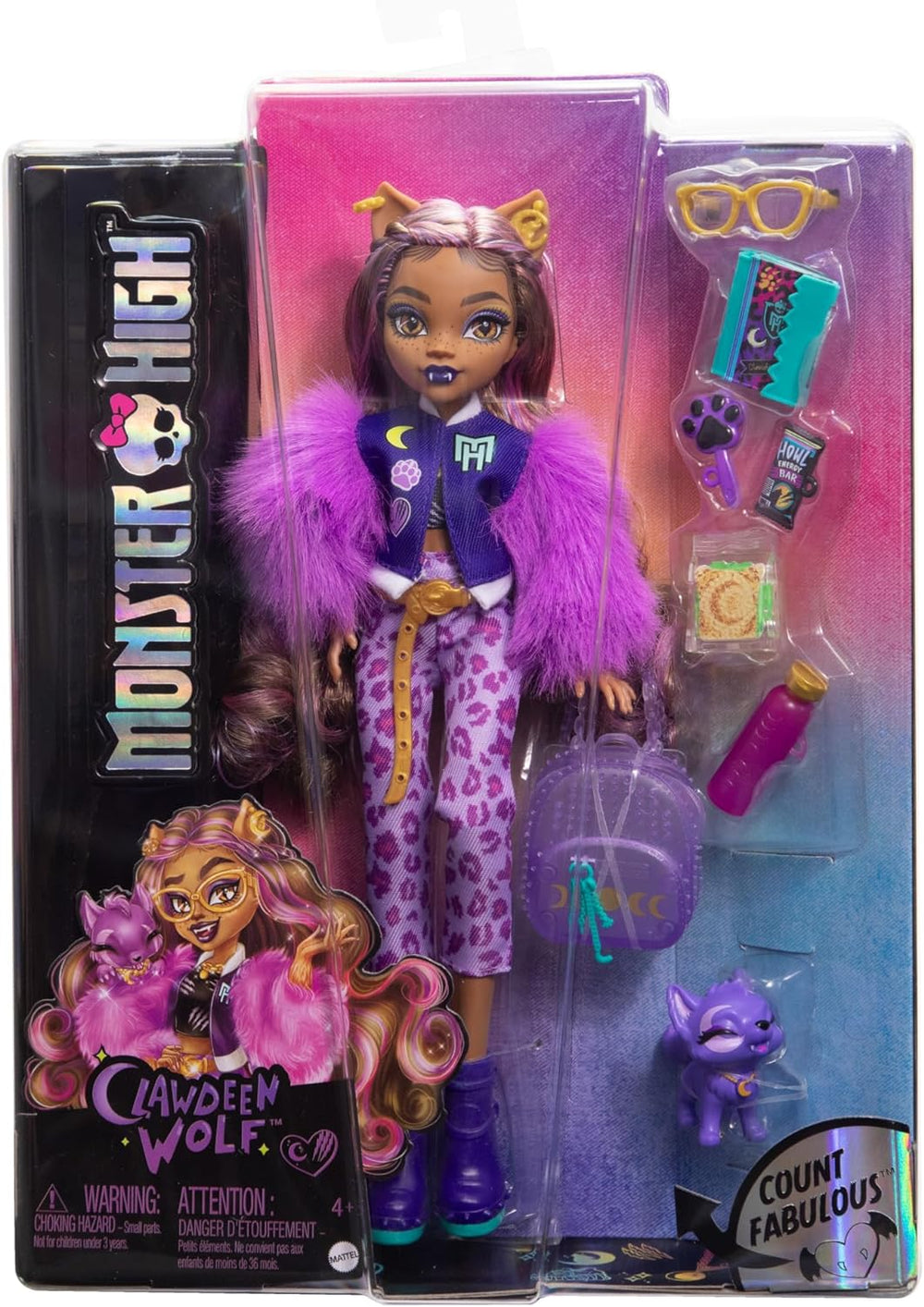 Păpușa Monster High Clawdeen Wolf cu cățeluș Crescent și accesorii precum ghiozdan, calendar, gustări și multe altele, HRP65
