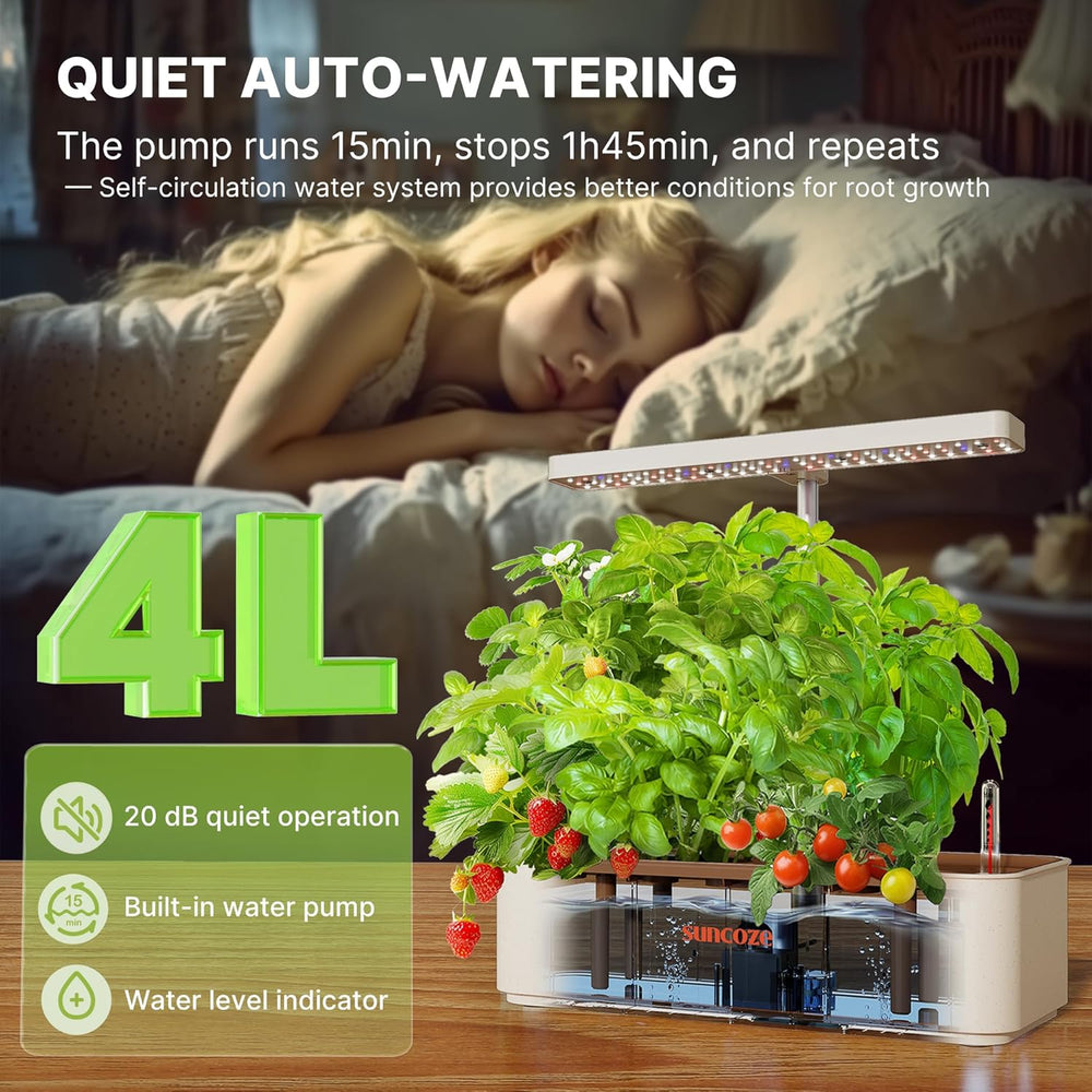 12 Capsules Hydroponic Grow System Kit, 24W LED Indoor Garden Lamp, 4L Water Tank with Silent Pump, Height Adjustable Herb Planter, Indoor Gardening Kit, Gardening Gifts, Beige