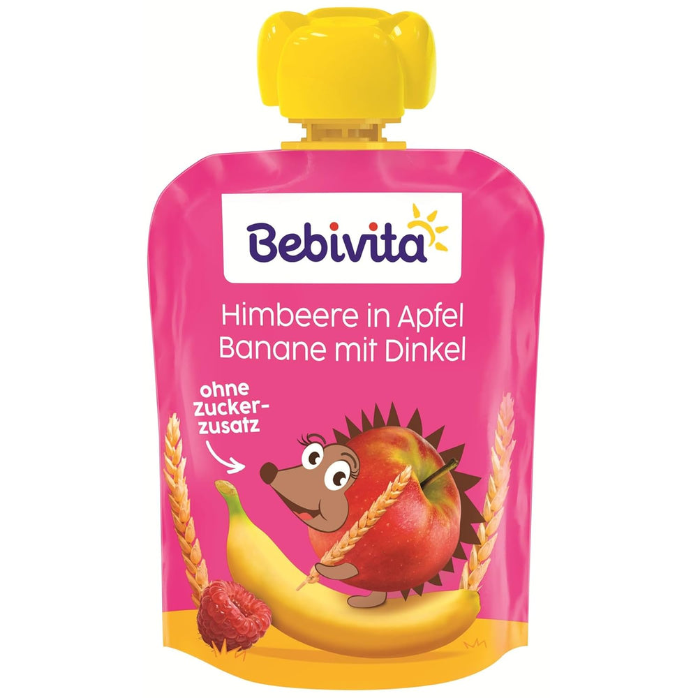 Fruit, raspberry, apple, banana and spelled squeezable sachets - 16 pieces (pack of 4, 4 x 90g each), no added sugar, made from soft fruit and wholesome grains, ideal for take-away snacks and self-consumption