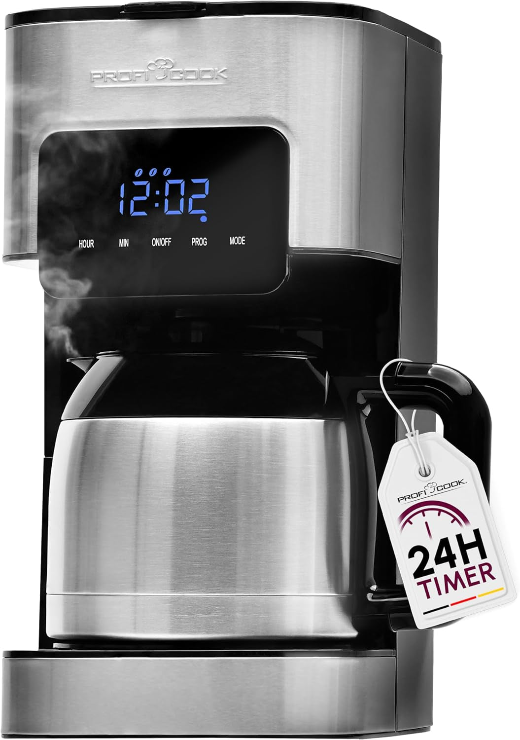 Cafetieră Profi Cook | 8-10 cești | Temporizator | Comenzi tactile cu senzor | Carafă termos cu pereți dubli de 1,2 litri | Sigiliu pentru aromă | Cafetieră cu filtru din oțel inoxidabil | PC-KA 1191