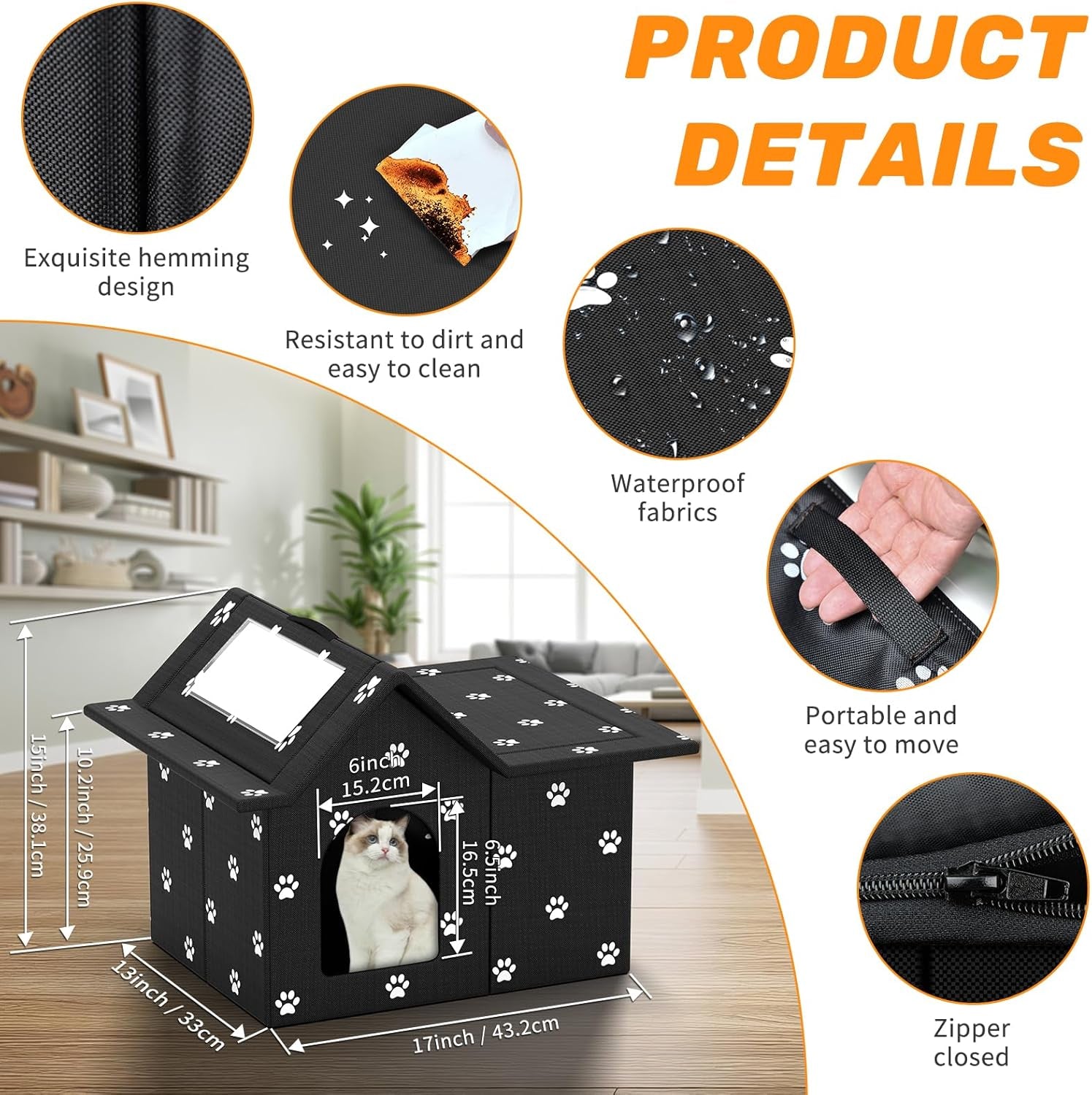 Katzenhaus Für Draußen Winterfest, Haus für verwilderte Katzen mit abnehmbaren Kissen, Winterschutz für Haustiere mit Türvorhängen, einfach zu montieren