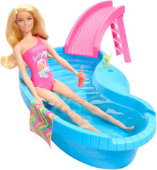 Barbie doll and accessories - pool with slide and accessories for hours of fun in the sun, pink swimsuit with tropical design, for children from 3 years, HRJ74 Naty Shop Dollhouses