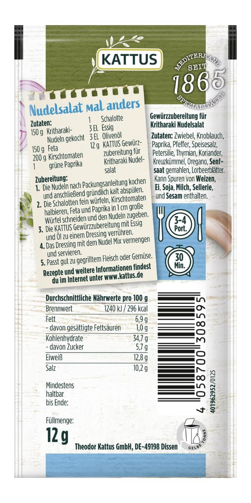 - Kritharaki-Nudelsalat Gewürzzubereitung | Seasoning for 3-4 Portions | Ohne Zusatz von Fefeextrakt, Aroma und Zusatzstoffen | 12 g in Bag