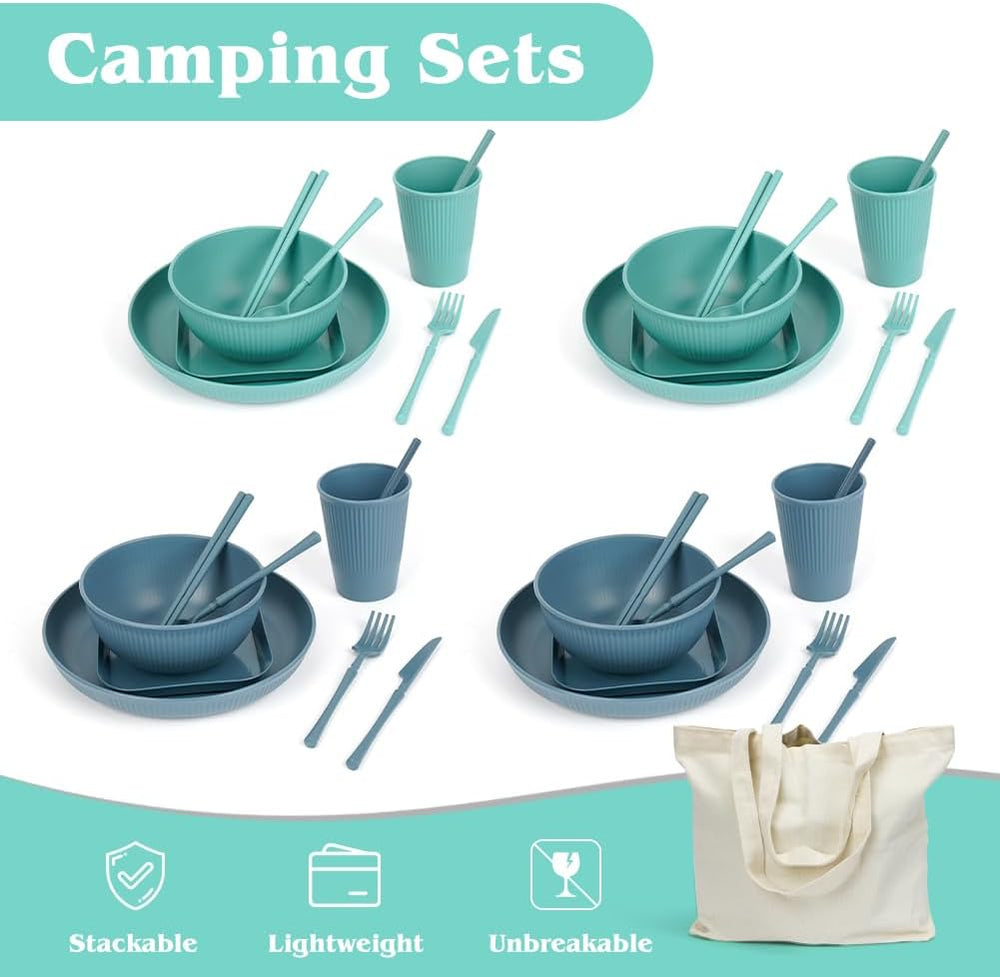 Set de veselă de camping cu 53 de piese pentru 4 persoane, veselă de camping indestructibilă pentru 4 persoane, set de veselă din plastic ușor cu geantă de transport, farfurii și boluri stivuibile, veselă de picnic pentru grătar și grădină