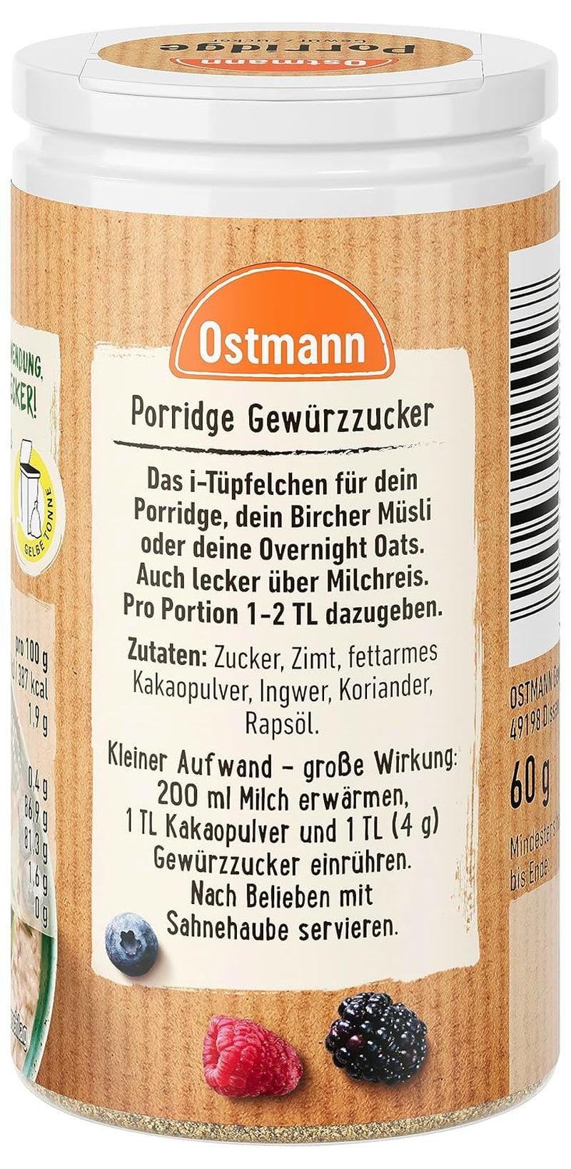 Ostmann Spices - Spiced Porridge Sugar, Cinnamon and Cocoa Aroma Blend, for Seasoning Oatmeal, Rice Pudding and Other Sweet Specialties, Vegan, 60g (Package Design May Vary)