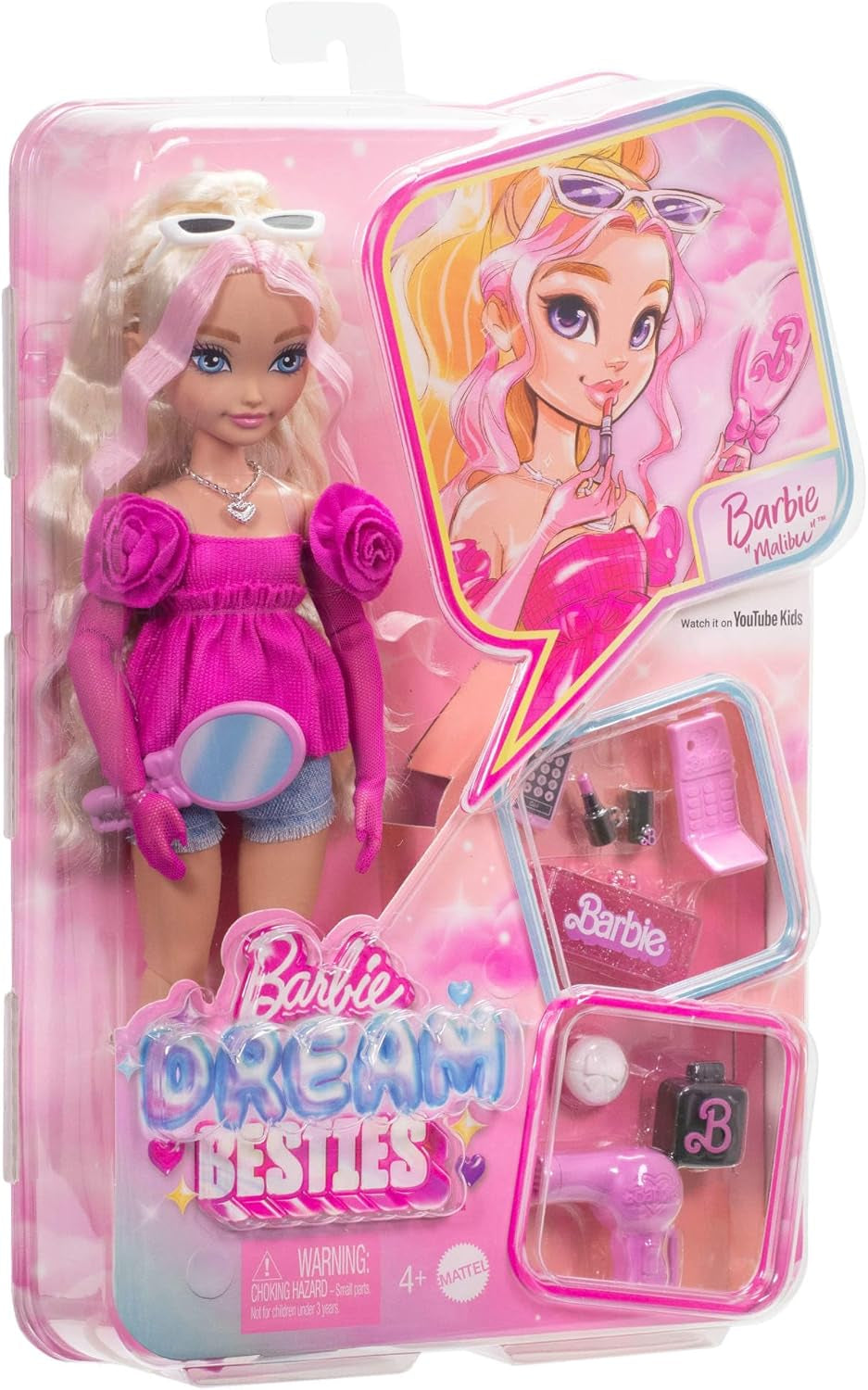 Barbie Dream Besties Puppe und Accessoires, bewegliche Barbie Malibu“ Modepuppe mit welligem blonden Haar, 11 Teile zum Thema Make-up und Haare, HYC21