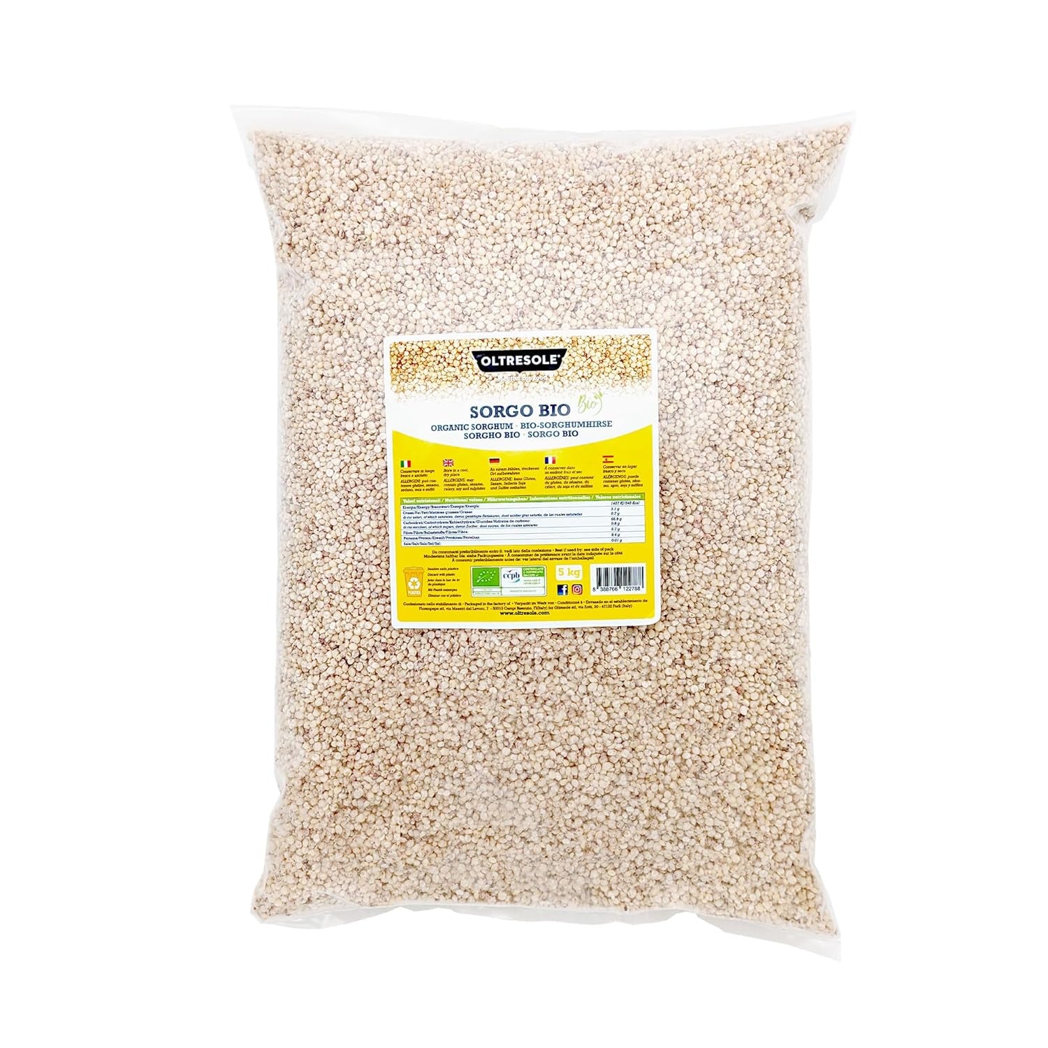 Organic white sorghum, 1 kg, shelled, raw grain, organically grown in Italy, ideal package for the family