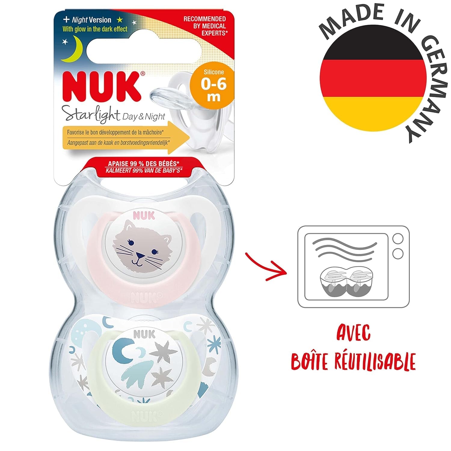 Suzetă NUK Star Night & Day pentru bebeluși 0-6 luni, strălucește în întuneric, silicon fără BPA, pisică roz, pachet de 2